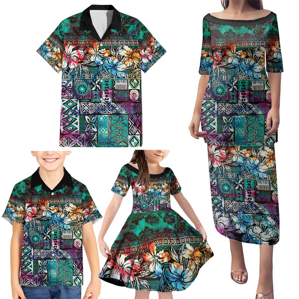 Pacific Hibiscus Tapa Tribal Vintage Family Matching Puletasi and Hawaiian Shirt Turquoise Motif LT9 - Polynesian Pride