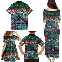 Pacific Hibiscus Tapa Tribal Vintage Family Matching Puletasi and Hawaiian Shirt Turquoise Motif LT9 - Polynesian Pride