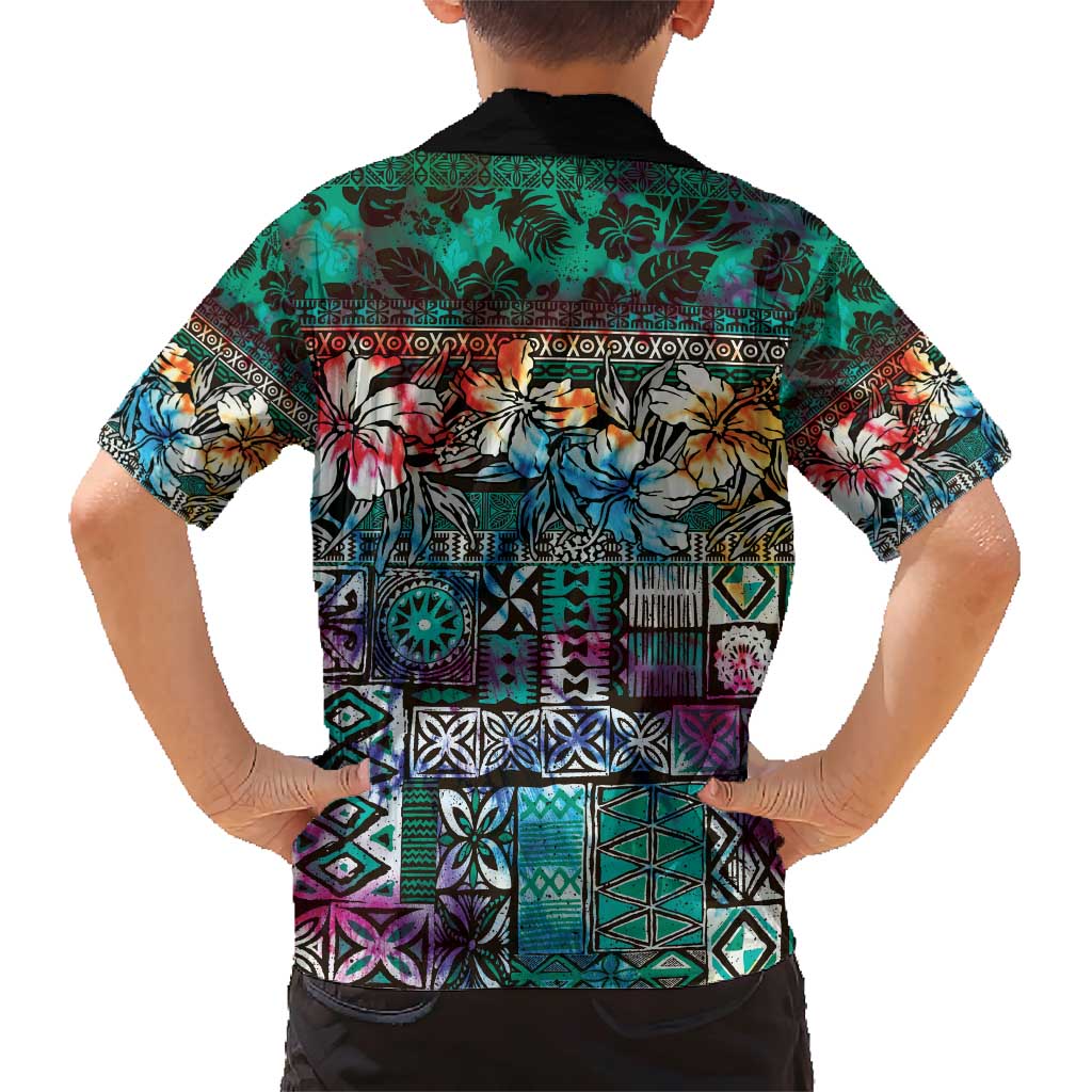 Pacific Hibiscus Tapa Tribal Vintage Family Matching Short Sleeve Bodycon Dress and Hawaiian Shirt Turquoise Motif LT9 - Polynesian Pride