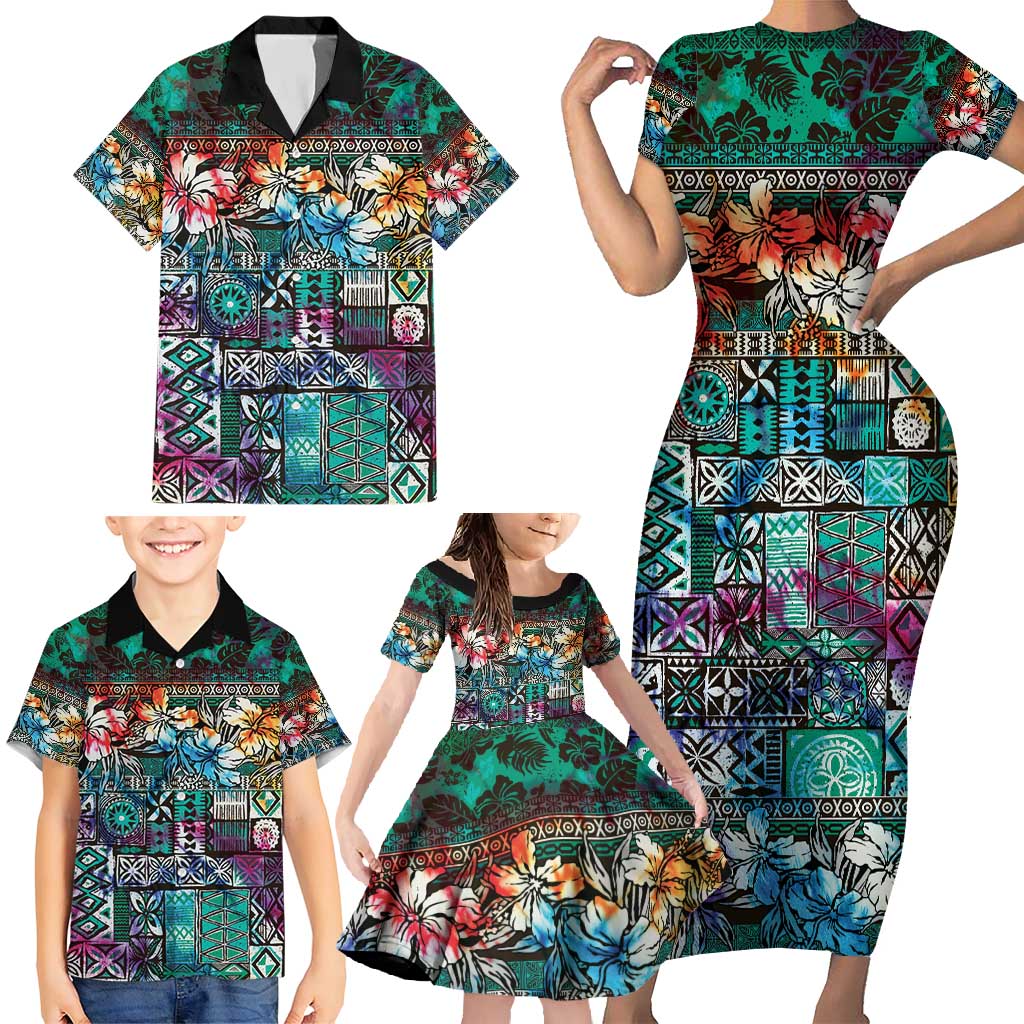 Pacific Hibiscus Tapa Tribal Vintage Family Matching Short Sleeve Bodycon Dress and Hawaiian Shirt Turquoise Motif LT9 - Polynesian Pride