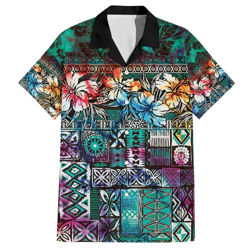 Pacific Hibiscus Tapa Tribal Vintage Family Matching Short Sleeve Bodycon Dress and Hawaiian Shirt Turquoise Motif LT9 Dad's Shirt - Short Sleeve Turquoise - Polynesian Pride