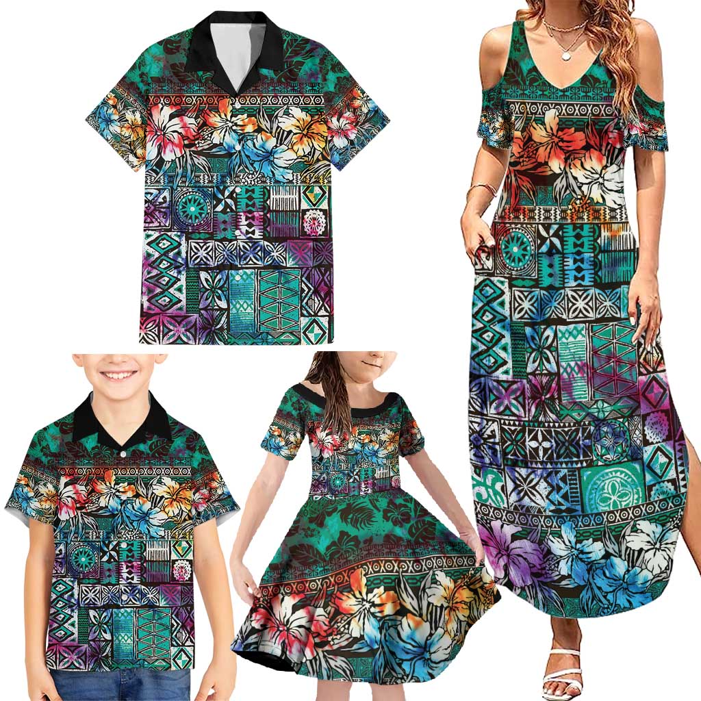 Pacific Hibiscus Tapa Tribal Vintage Family Matching Summer Maxi Dress and Hawaiian Shirt Turquoise Motif LT9 - Polynesian Pride