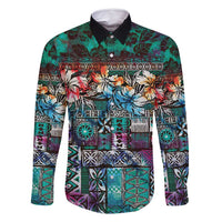 Pacific Hibiscus Tapa Tribal Vintage Family Matching Summer Maxi Dress and Hawaiian Shirt Turquoise Motif LT9 Dad's Shirt - Long Sleeve Turquoise - Polynesian Pride