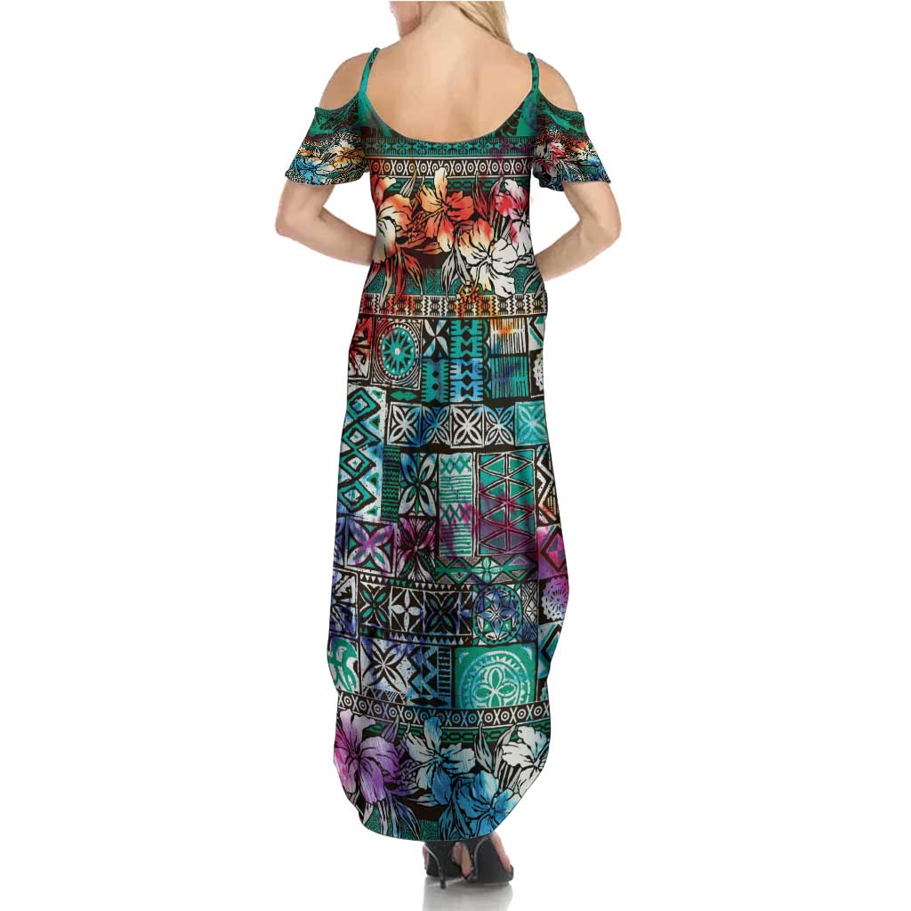 Pacific Hibiscus Tapa Tribal Vintage Family Matching Summer Maxi Dress and Hawaiian Shirt Turquoise Motif LT9 - Polynesian Pride