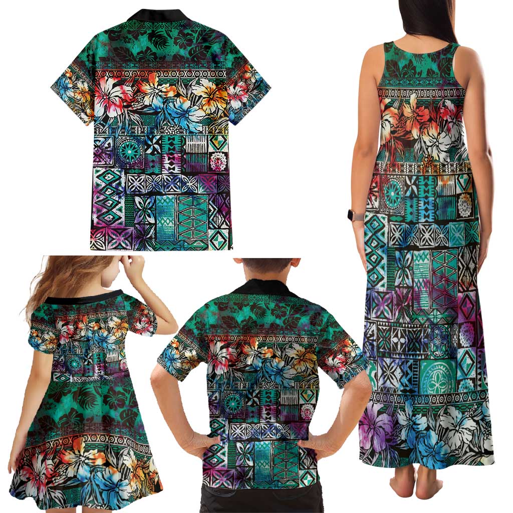 Pacific Hibiscus Tapa Tribal Vintage Family Matching Tank Maxi Dress and Hawaiian Shirt Turquoise Motif LT9 - Polynesian Pride