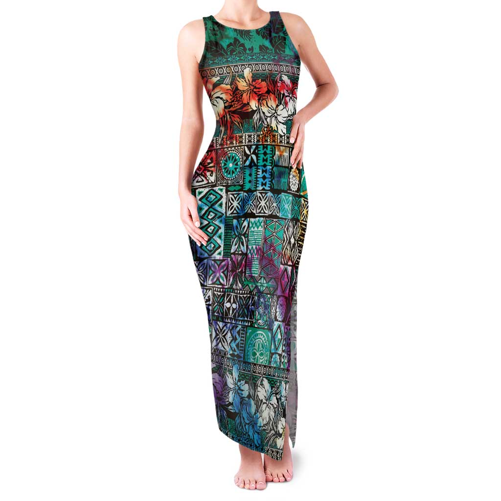 Pacific Hibiscus Tapa Tribal Vintage Family Matching Tank Maxi Dress and Hawaiian Shirt Turquoise Motif LT9 Mom's Dress Turquoise - Polynesian Pride