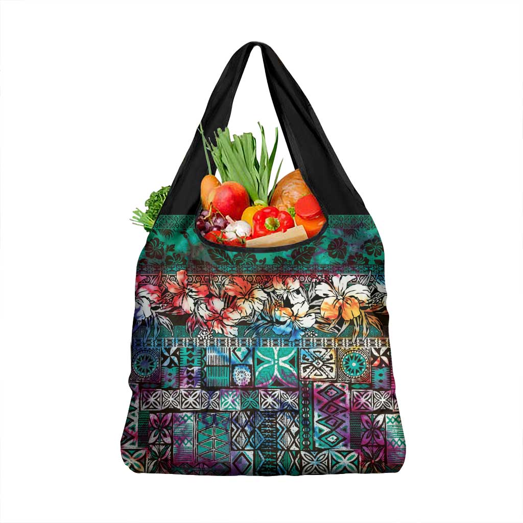 Pacific Hibiscus Tapa Tribal Vintage Grocery Bag Turquoise Motif LT9 1-pack One Size Turquoise - Polynesian Pride