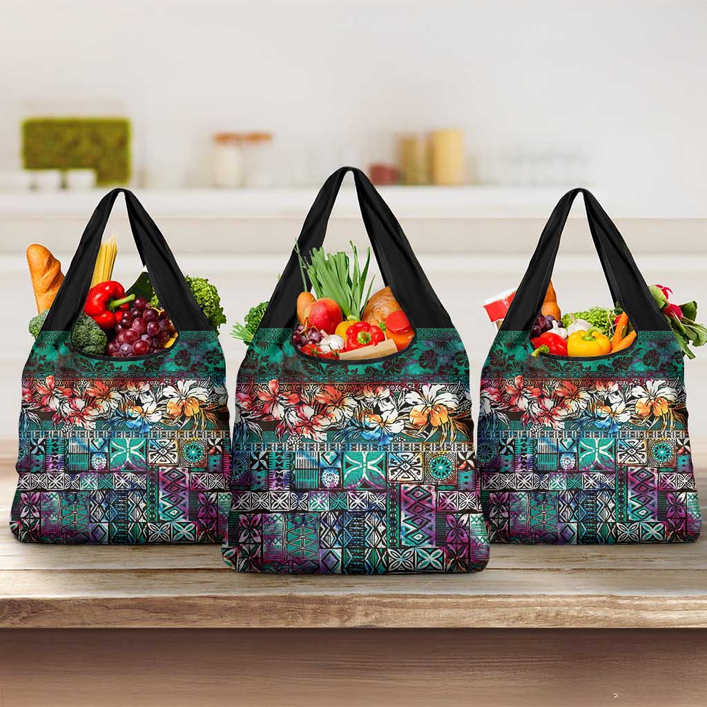 Pacific Hibiscus Tapa Tribal Vintage Grocery Bag Turquoise Motif LT9 3-pack One Size Turquoise - Polynesian Pride