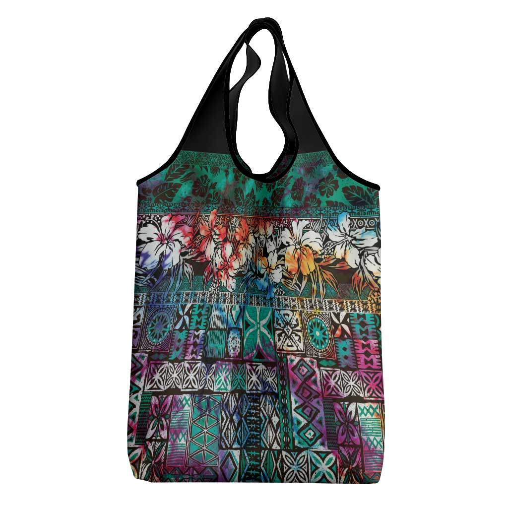 Pacific Hibiscus Tapa Tribal Vintage Grocery Bag Turquoise Motif LT9 - Polynesian Pride