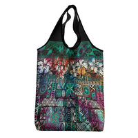 Pacific Hibiscus Tapa Tribal Vintage Grocery Bag Turquoise Motif LT9 - Polynesian Pride