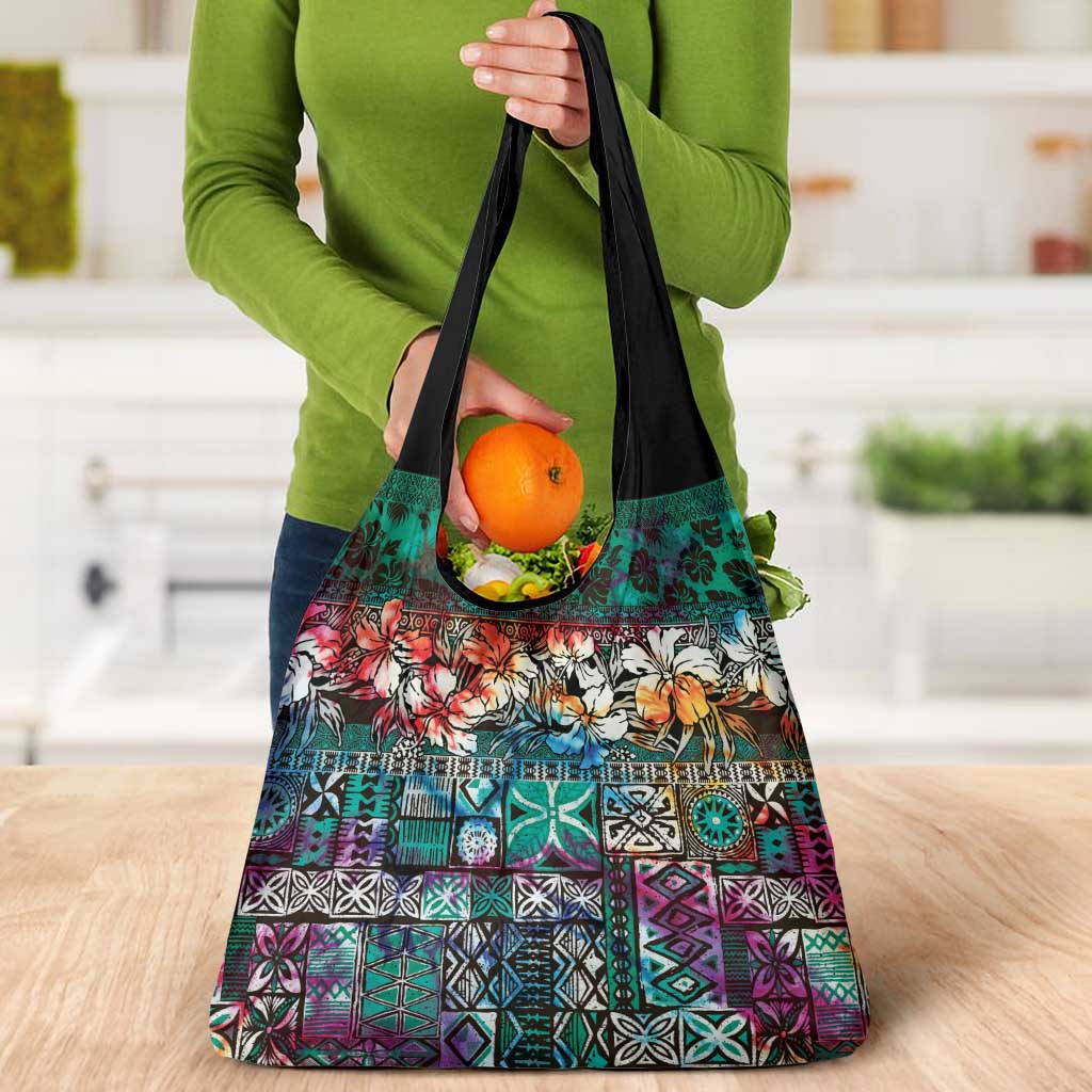 Pacific Hibiscus Tapa Tribal Vintage Grocery Bag Turquoise Motif LT9 - Polynesian Pride