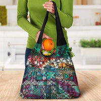 Pacific Hibiscus Tapa Tribal Vintage Grocery Bag Turquoise Motif LT9 - Polynesian Pride