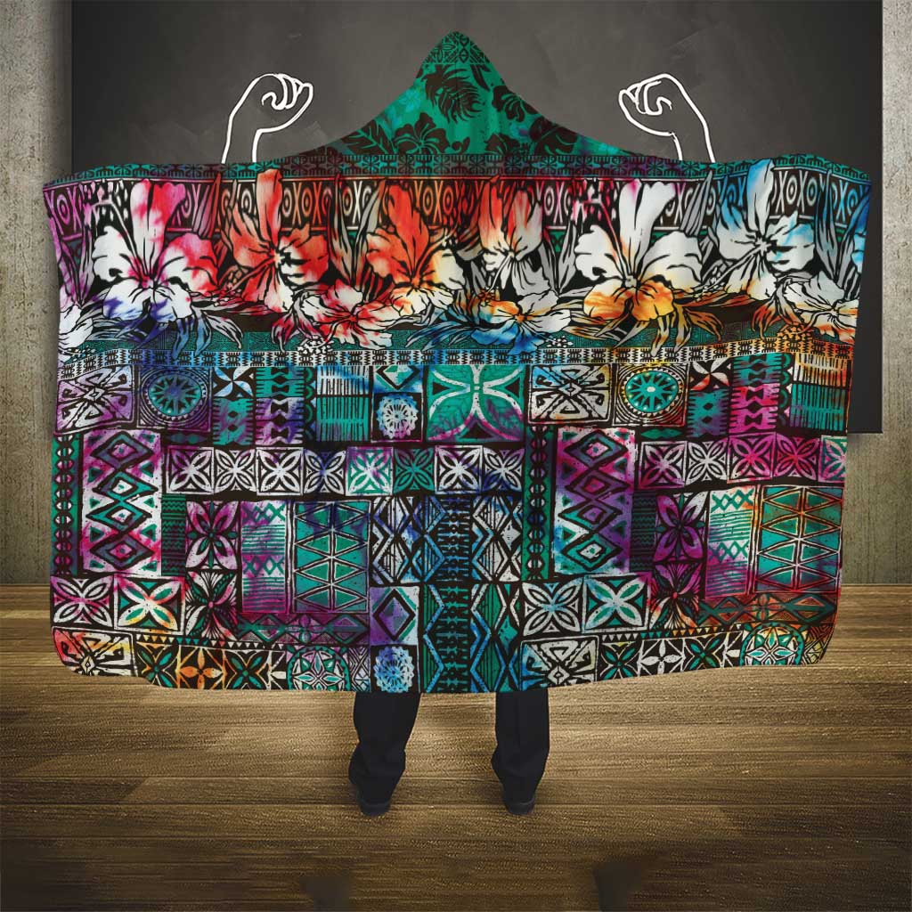 Pacific Hibiscus Tapa Tribal Vintage Hooded Blanket Turquoise Motif