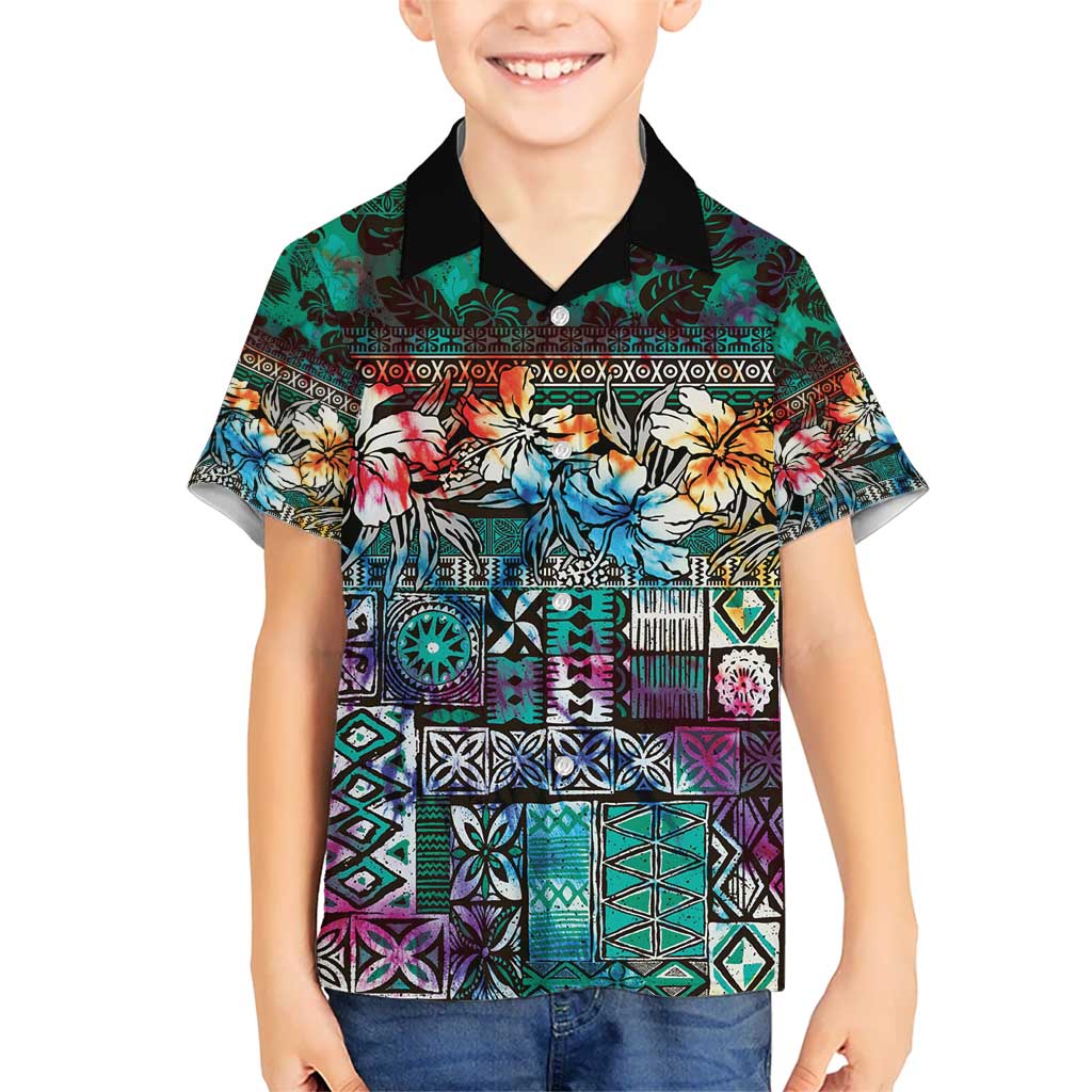 Pacific Hibiscus Tapa Tribal Vintage Kid Hawaiian Shirt Turquoise Motif LT9 Kid Turquoise - Polynesian Pride