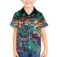 Pacific Hibiscus Tapa Tribal Vintage Kid Hawaiian Shirt Turquoise Motif LT9 Kid Turquoise - Polynesian Pride
