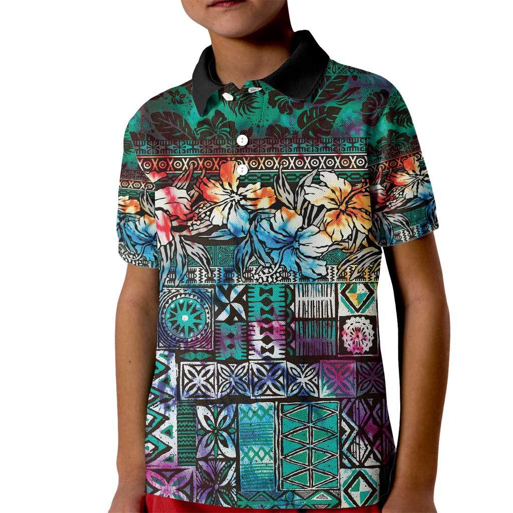 Pacific Hibiscus Tapa Tribal Vintage Kid Polo Shirt Turquoise Motif LT9 Kid Turquoise - Polynesian Pride