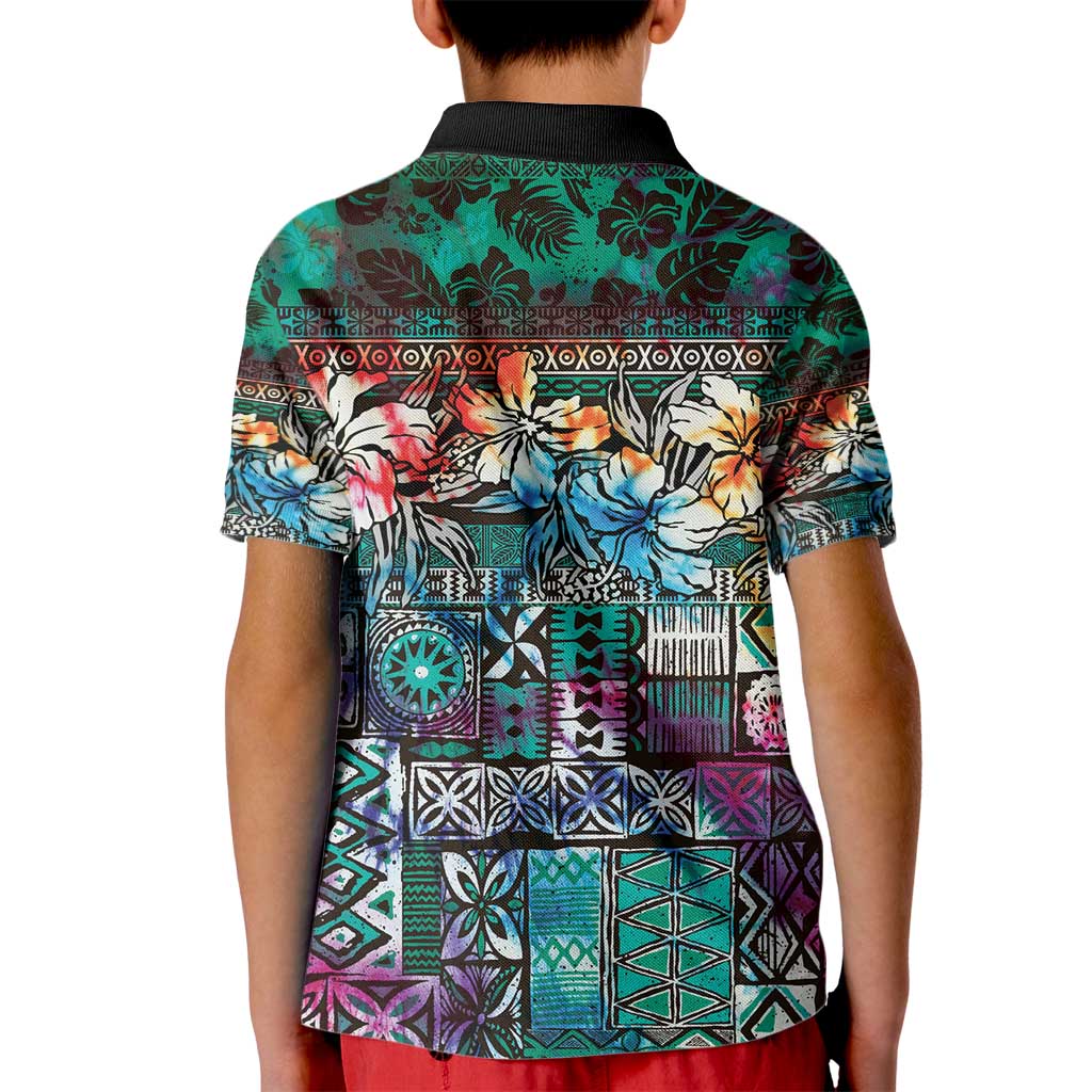 Pacific Hibiscus Tapa Tribal Vintage Kid Polo Shirt Turquoise Motif