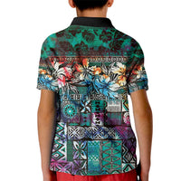 Pacific Hibiscus Tapa Tribal Vintage Kid Polo Shirt Turquoise Motif