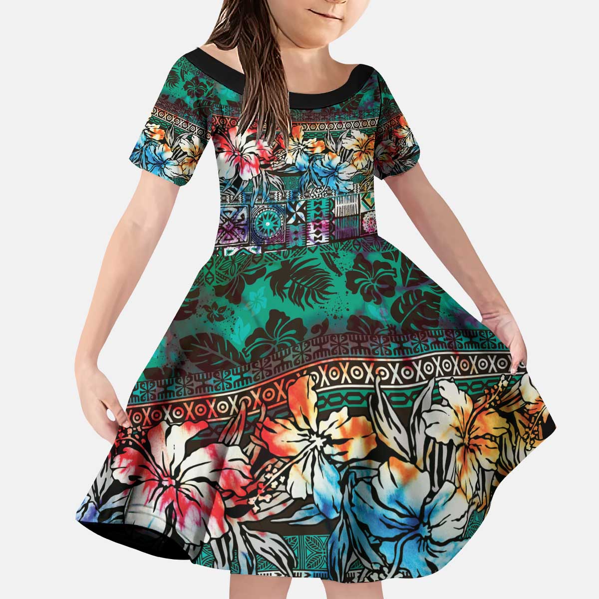 Pacific Hibiscus Tapa Tribal Vintage Kid Short Sleeve Dress Turquoise Motif