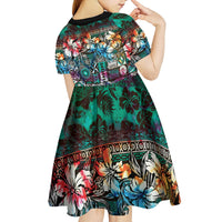 Pacific Hibiscus Tapa Tribal Vintage Kid Short Sleeve Dress Turquoise Motif LT9 - Polynesian Pride