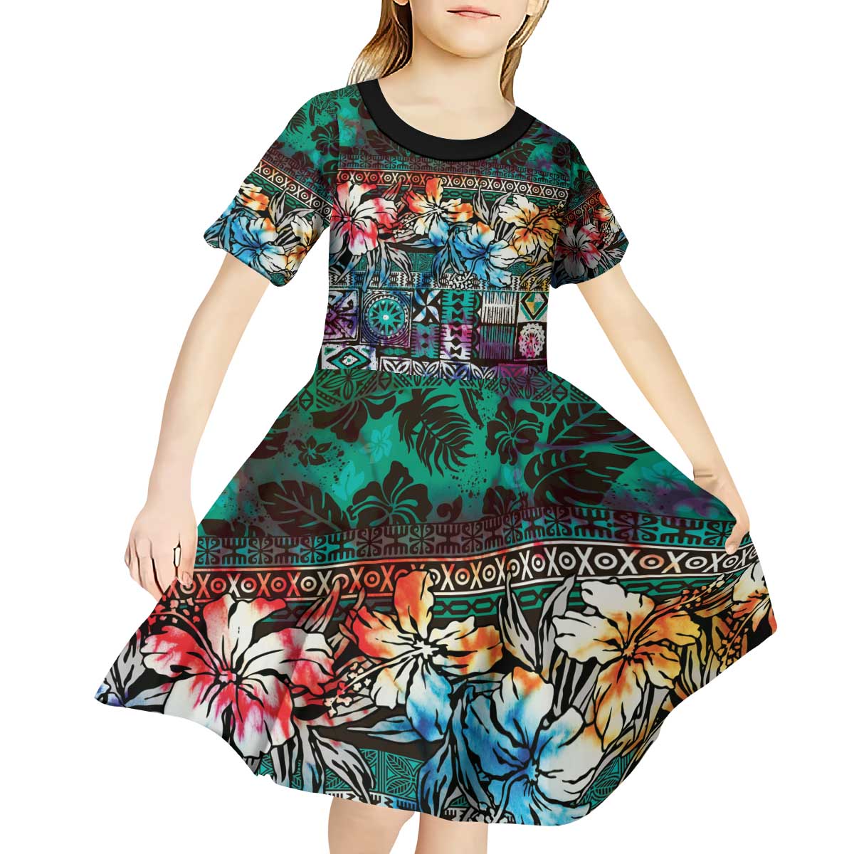 Pacific Hibiscus Tapa Tribal Vintage Kid Short Sleeve Dress Turquoise Motif LT9 - Polynesian Pride
