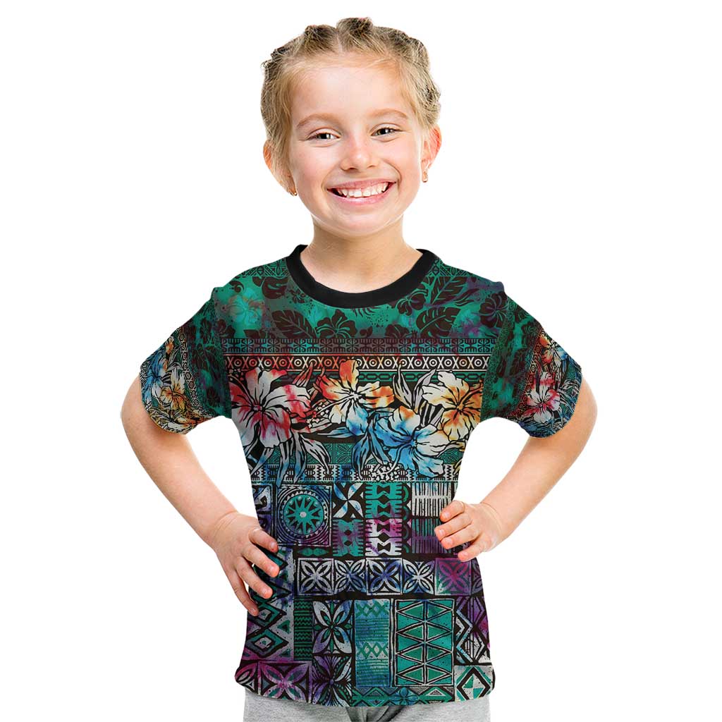 Pacific Hibiscus Tapa Tribal Vintage Kid T Shirt Turquoise Motif LT9 Turquoise - Polynesian Pride