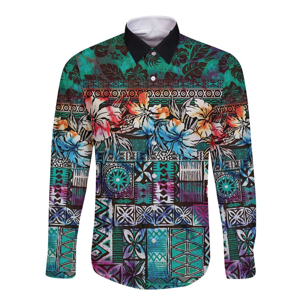 Pacific Hibiscus Tapa Tribal Vintage Long Sleeve Button Shirt Turquoise Motif LT9 Unisex Turquoise - Polynesian Pride
