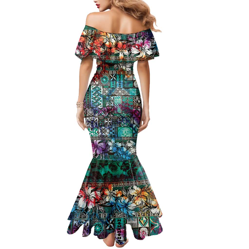 Pacific Hibiscus Tapa Tribal Vintage Mermaid Dress Turquoise Motif LT9 - Polynesian Pride