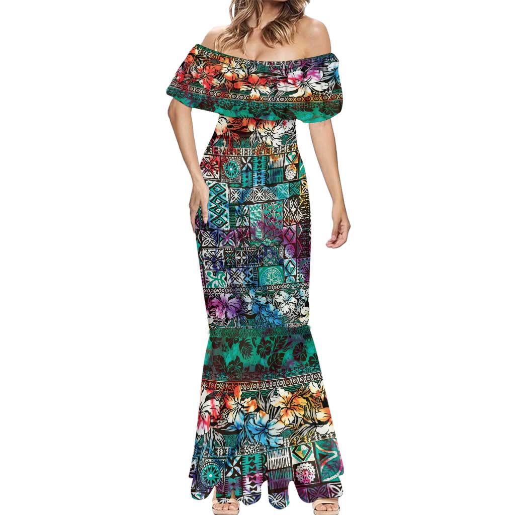 Pacific Hibiscus Tapa Tribal Vintage Mermaid Dress Turquoise Motif LT9 - Polynesian Pride