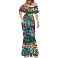Pacific Hibiscus Tapa Tribal Vintage Mermaid Dress Turquoise Motif LT9 - Polynesian Pride