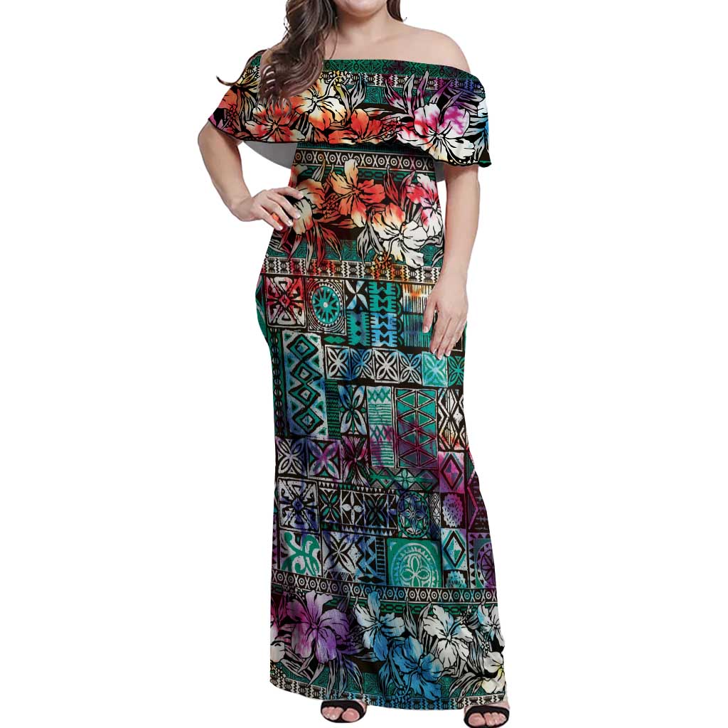 Pacific Hibiscus Tapa Tribal Vintage Off Shoulder Maxi Dress Turquoise Motif