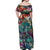 Pacific Hibiscus Tapa Tribal Vintage Off Shoulder Maxi Dress Turquoise Motif