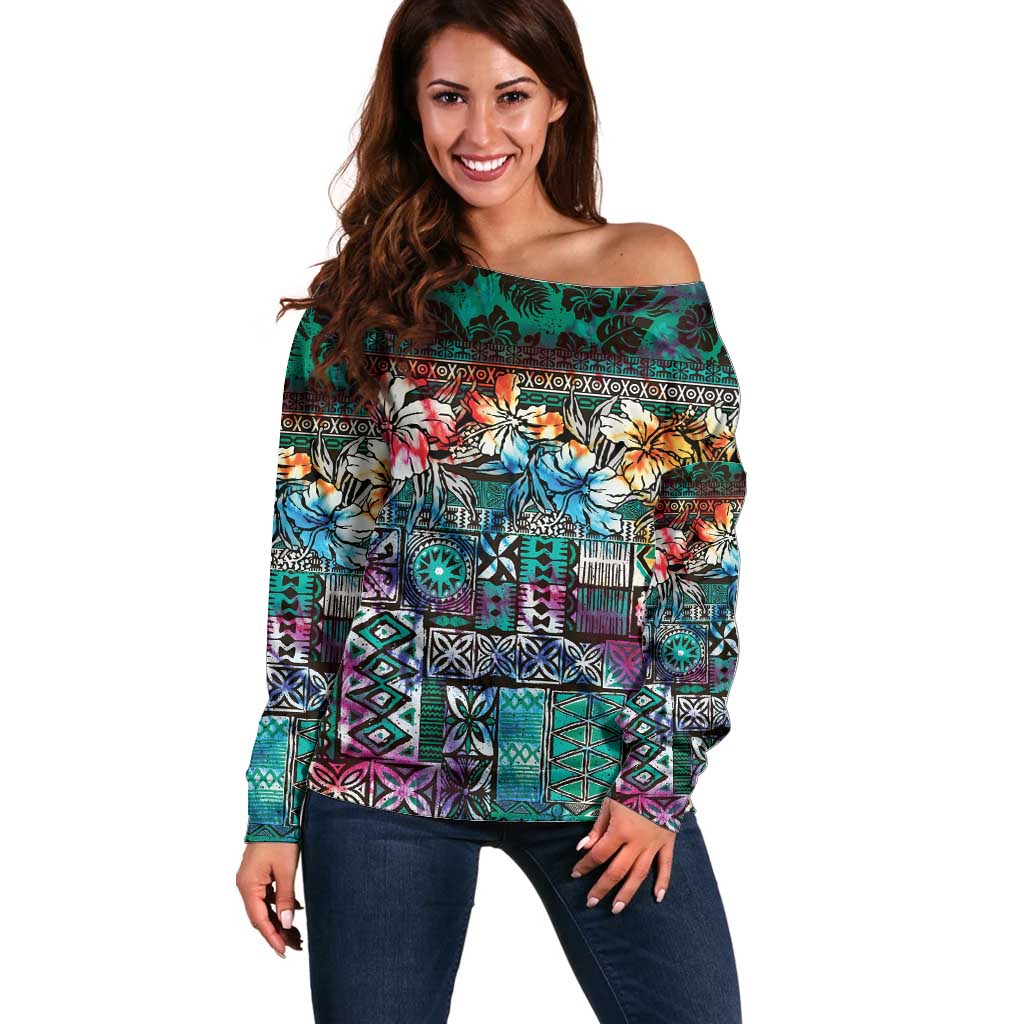 Pacific Hibiscus Tapa Tribal Vintage Off Shoulder Sweater Turquoise Motif