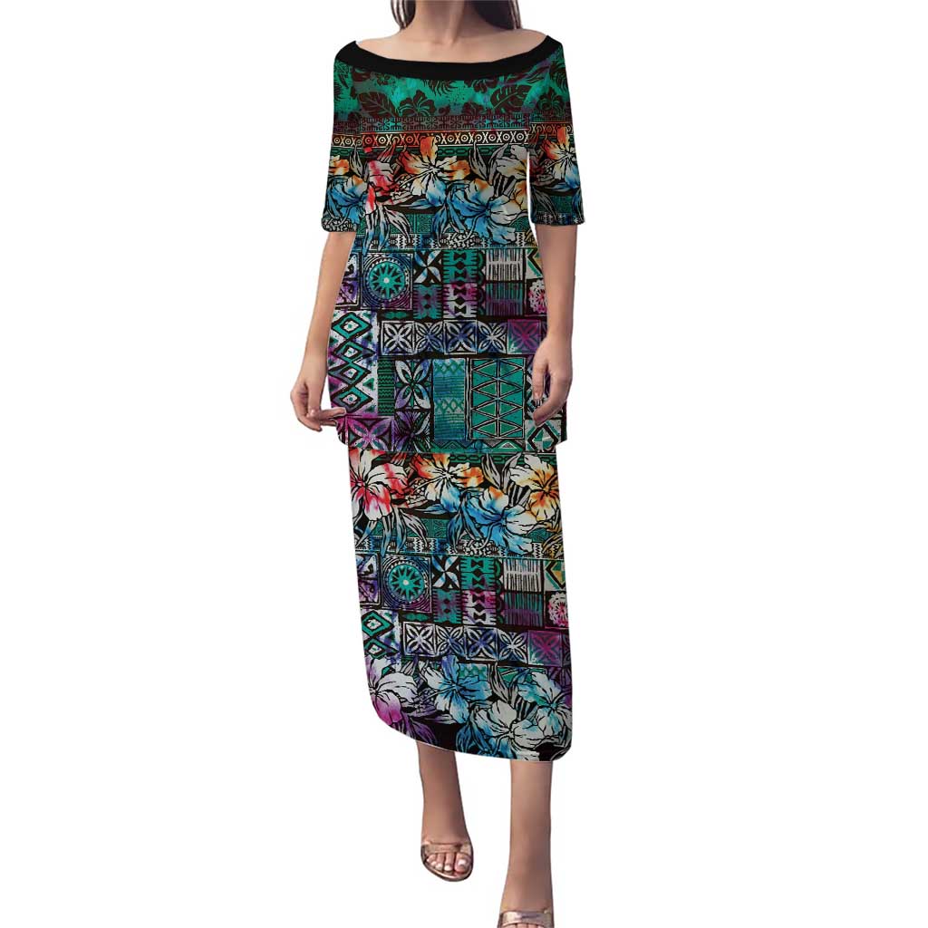 Pacific Hibiscus Tapa Tribal Vintage Puletasi Turquoise Motif