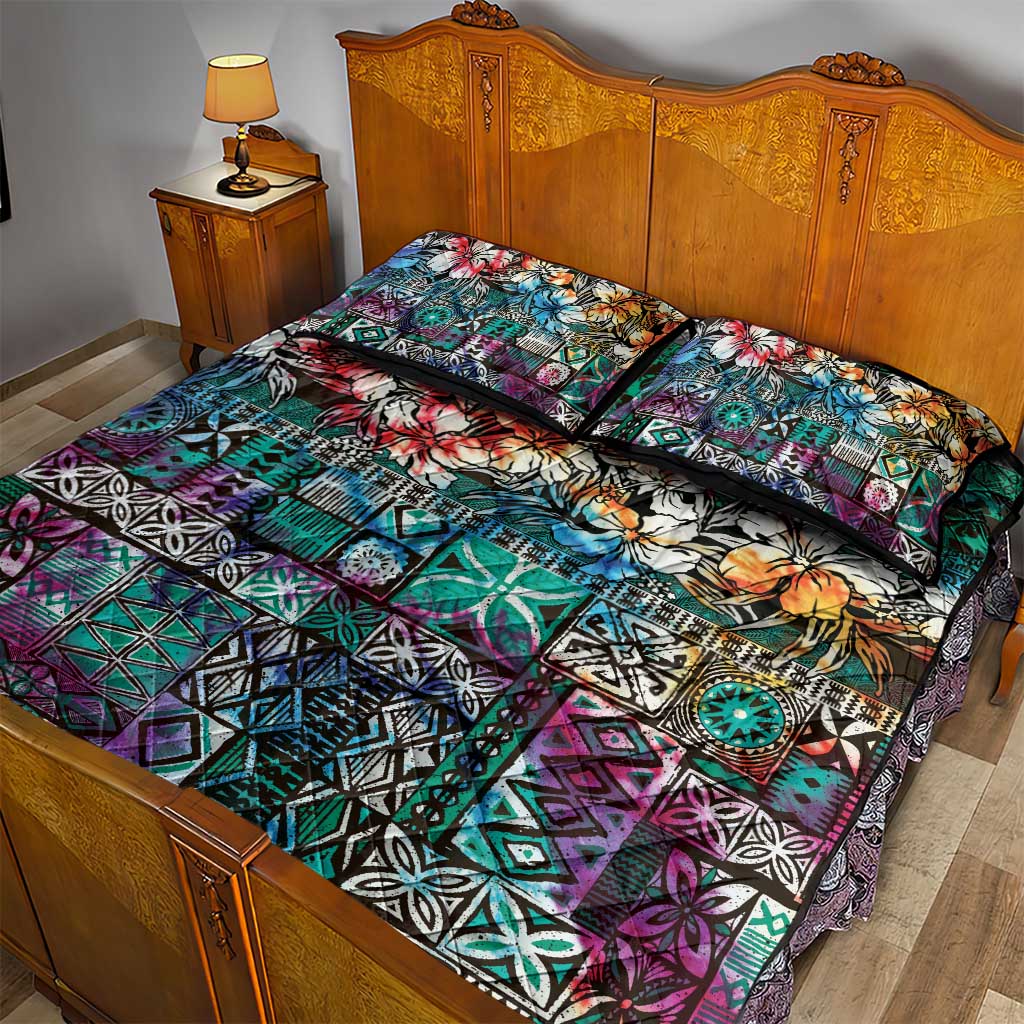 Pacific Hibiscus Tapa Tribal Vintage Quilt Bed Set Turquoise Motif