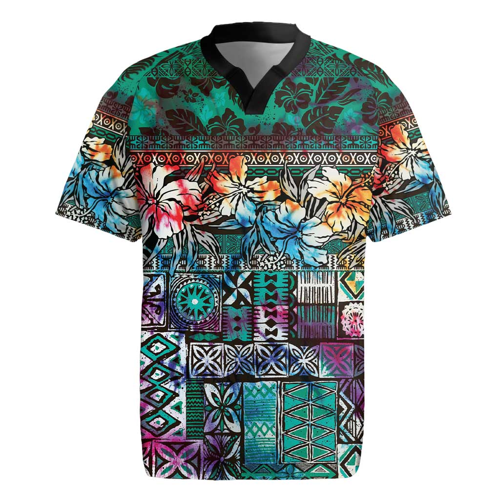 Pacific Hibiscus Tapa Tribal Vintage Rugby Jersey Turquoise Motif