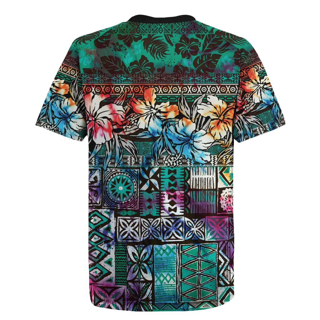 Pacific Hibiscus Tapa Tribal Vintage Rugby Jersey Turquoise Motif