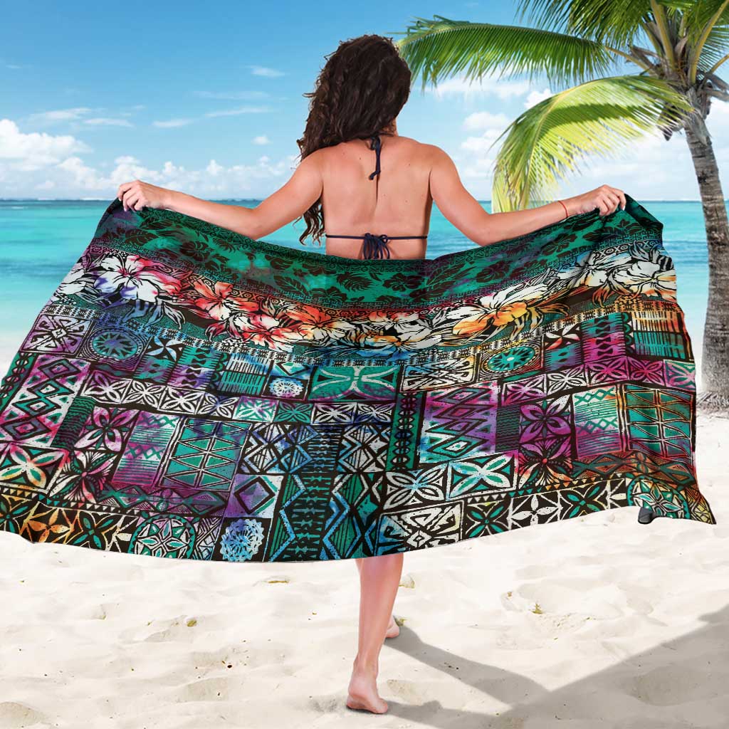 Pacific Hibiscus Tapa Tribal Vintage Sarong Turquoise Motif