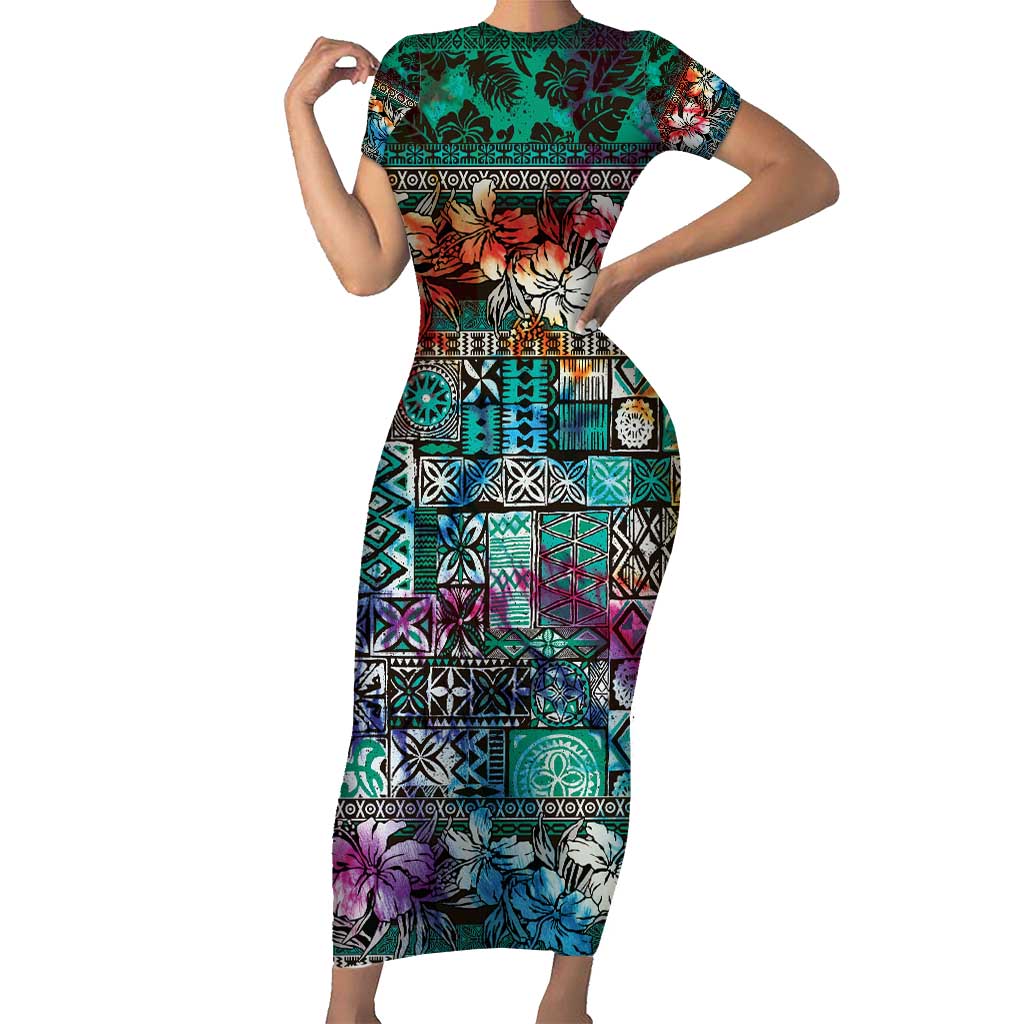 Pacific Hibiscus Tapa Tribal Vintage Short Sleeve Bodycon Dress Turquoise Motif LT9 Long Dress Turquoise - Polynesian Pride