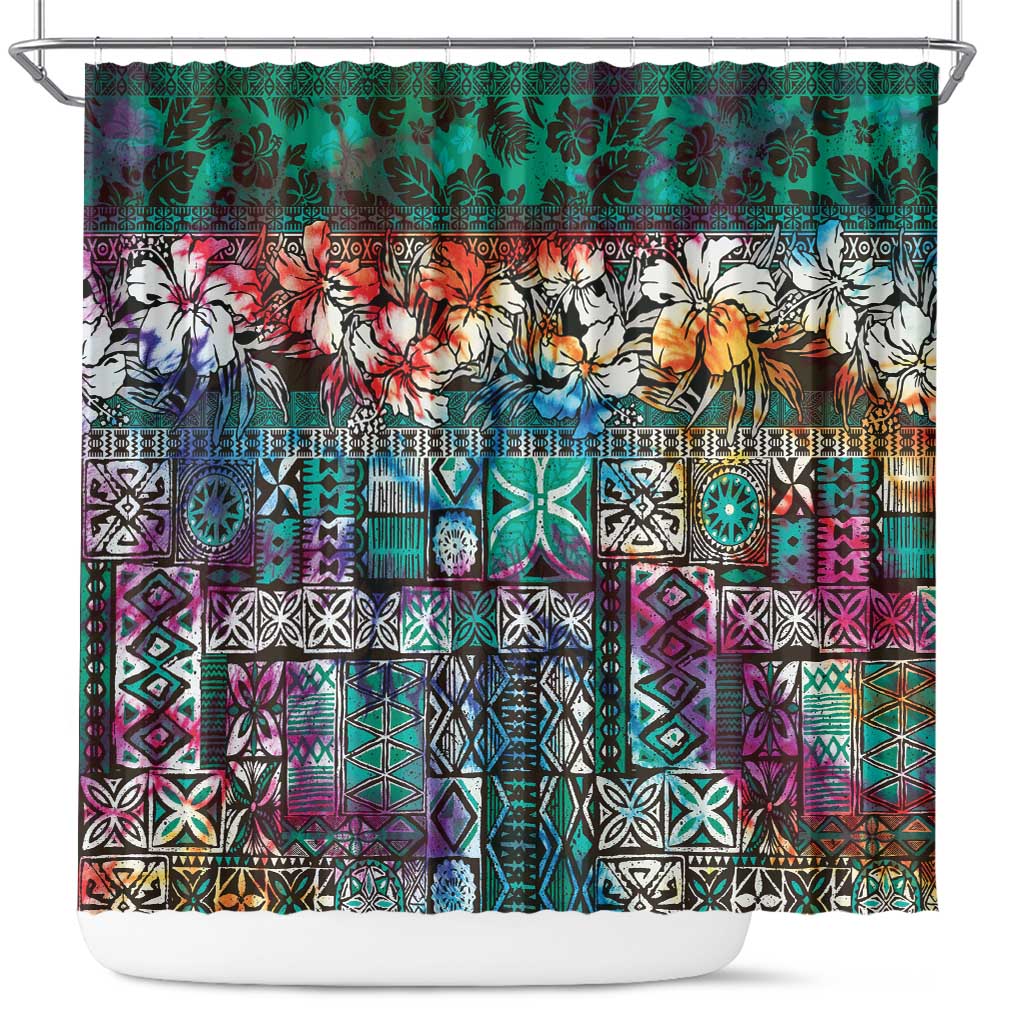 Pacific Hibiscus Tapa Tribal Vintage Shower Curtain Turquoise Motif