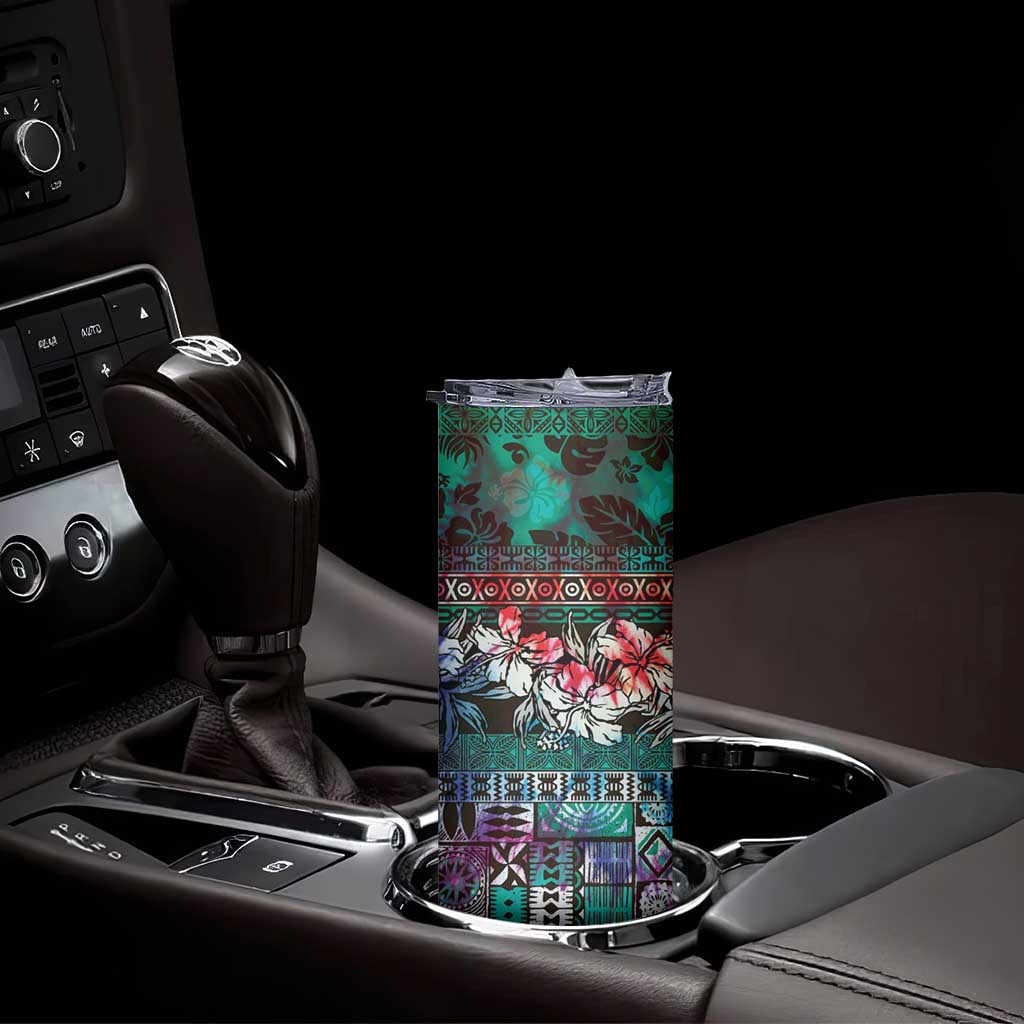 Pacific Hibiscus Tapa Tribal Vintage Skinny Tumbler Turquoise Motif LT9 - Polynesian Pride