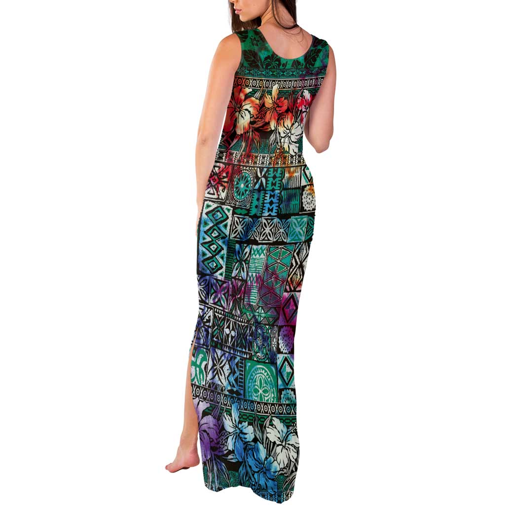 Pacific Hibiscus Tapa Tribal Vintage Tank Maxi Dress Turquoise Motif