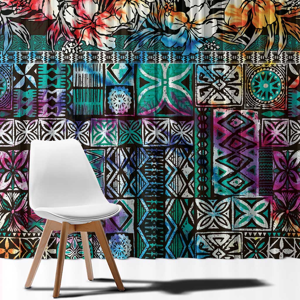 Pacific Hibiscus Tapa Tribal Vintage Window Curtain Turquoise Motif