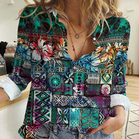 Pacific Hibiscus Tapa Tribal Vintage Women Casual Shirt Turquoise Motif LT9 Female Turquoise - Polynesian Pride