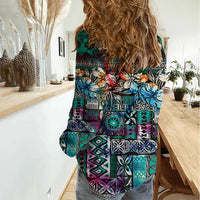 Pacific Hibiscus Tapa Tribal Vintage Women Casual Shirt Turquoise Motif LT9 - Polynesian Pride