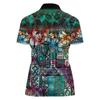 Pacific Hibiscus Tapa Tribal Vintage Women Polo Shirt Turquoise Motif