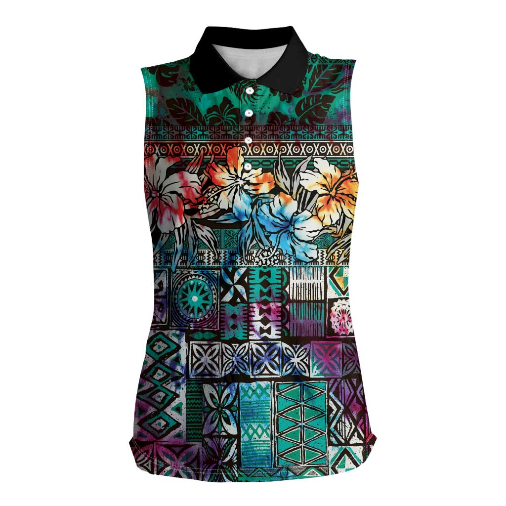 Pacific Hibiscus Tapa Tribal Vintage Women Sleeveless Polo Shirt Turquoise Motif LT9 Female Turquoise - Polynesian Pride
