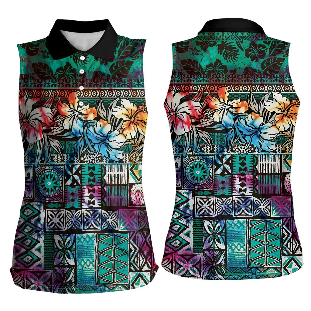 Pacific Hibiscus Tapa Tribal Vintage Women Sleeveless Polo Shirt Turquoise Motif LT9 - Polynesian Pride