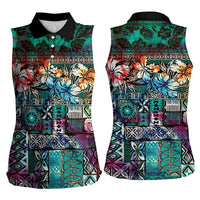 Pacific Hibiscus Tapa Tribal Vintage Women Sleeveless Polo Shirt Turquoise Motif LT9 - Polynesian Pride