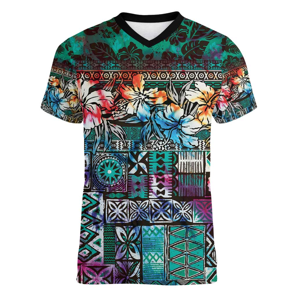 Pacific Hibiscus Tapa Tribal Vintage Women V-Neck T-Shirt Turquoise Motif LT9 Female Turquoise - Polynesian Pride